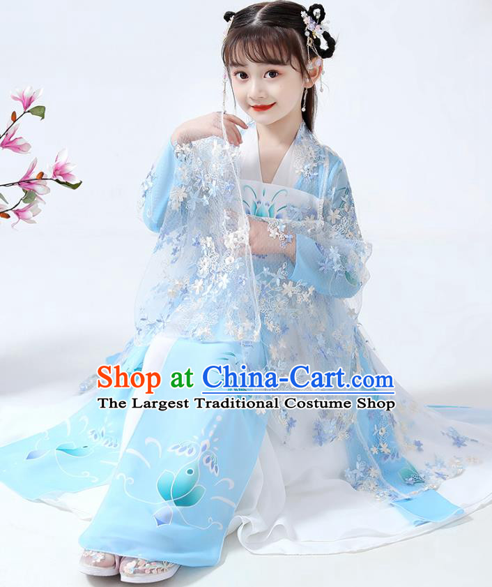 Chinese Traditional Tang Dynasty Girl Blue Hanfu Dress Ancient Princess Costumes Stage Show Apparels Flowers Cape Blouse and Skirt for Kids