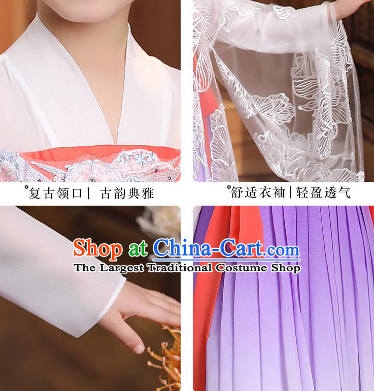 Chinese Traditional Hanfu Dress Apparels Ancient Princess Costumes Stage Show Girl White Cloak Blouse and Lilac Skirt for Kids