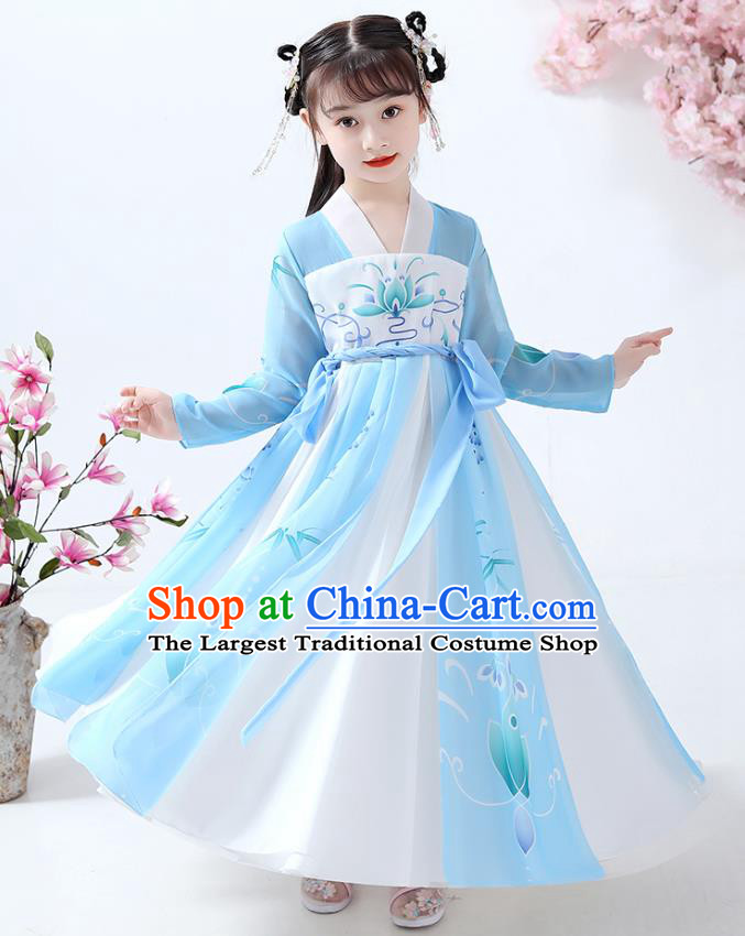 Chinese Traditional Tang Dynasty Girl Blue Hanfu Dress Ancient Princess Costumes Stage Show Apparels Flowers Cape Blouse and Skirt for Kids