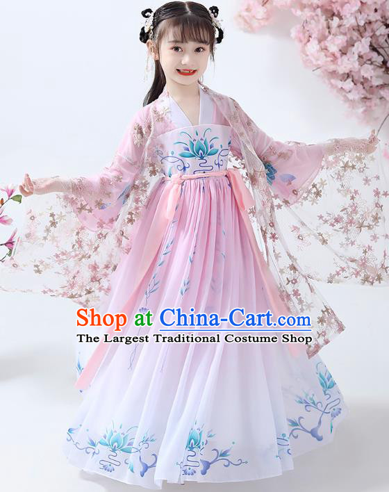 Chinese Traditional Tang Dynasty Girl Pink Hanfu Dress Ancient Princess Costumes Stage Show Apparels Flowers Cape Blouse and Skirt for Kids