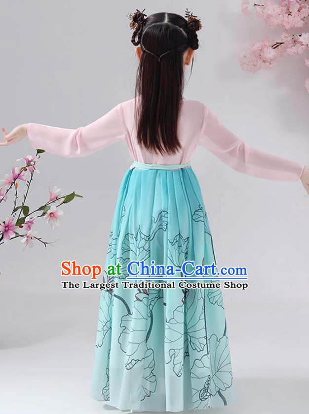Chinese Traditional Song Dynasty Hanfu Dress Apparels Ancient Princess Costumes Stage Show Girl Blue Cape Blouse and Skirt for Kids