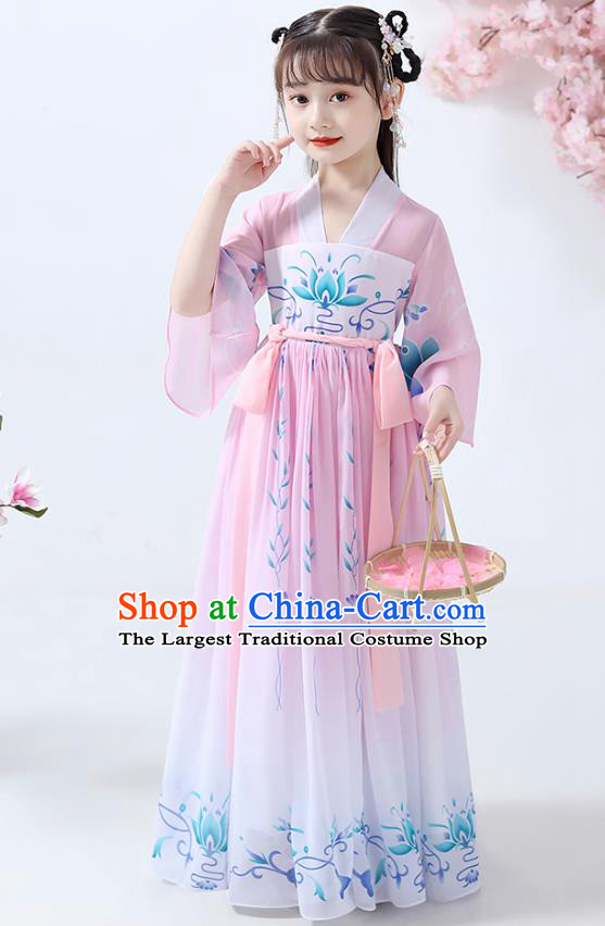 Chinese Traditional Tang Dynasty Girl Pink Hanfu Dress Ancient Princess Costumes Stage Show Apparels Flowers Cape Blouse and Skirt for Kids