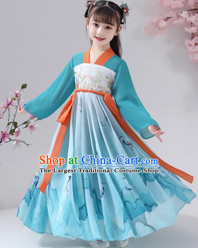 Chinese Traditional Blue Chiffon Hanfu Dress Apparels Ancient Princess Costumes Stage Show Girl Cape Blouse and Skirt for Kids