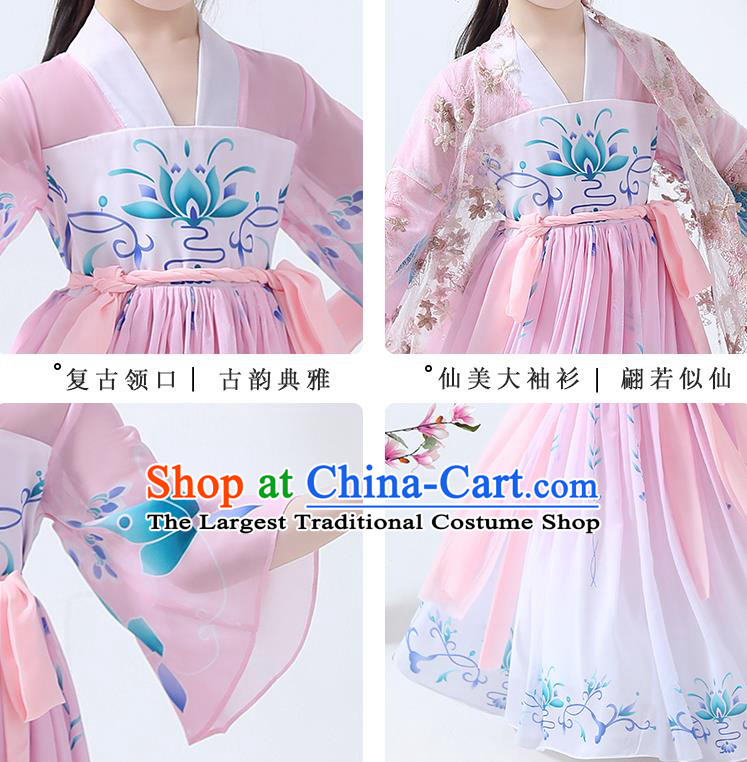 Chinese Traditional Tang Dynasty Girl Pink Hanfu Dress Ancient Princess Costumes Stage Show Apparels Flowers Cape Blouse and Skirt for Kids