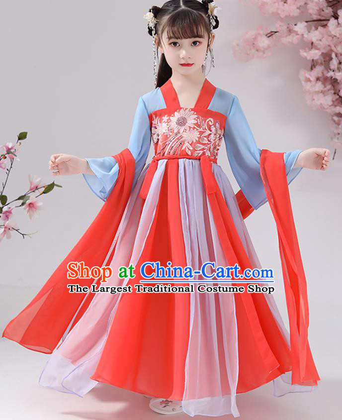 Chinese Traditional Hanfu Dress Apparels Ancient Princess Costumes Stage Show Girl Blue Cape Blouse and Watermelon Red Skirt for Kids