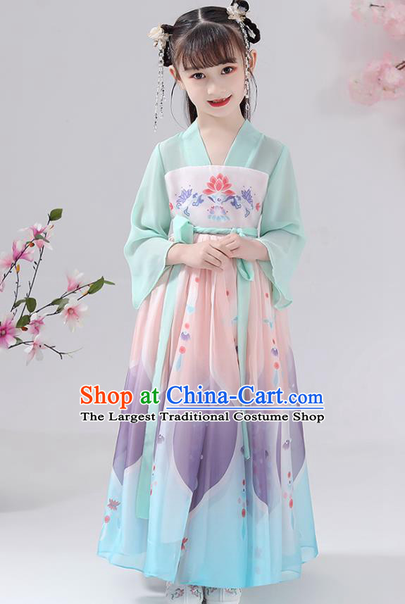 Chinese Traditional Printing Chiffon Hanfu Dress Apparels Ancient Princess Costumes Stage Show Girl Cape Blouse and Skirt for Kids