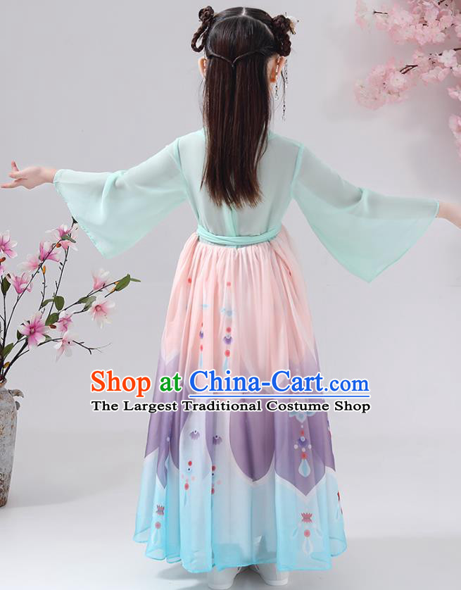 Chinese Traditional Printing Chiffon Hanfu Dress Apparels Ancient Princess Costumes Stage Show Girl Cape Blouse and Skirt for Kids