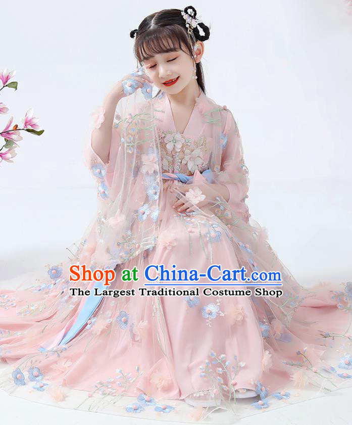 Chinese Traditional Fairy Girl Hanfu Dress Ancient Princess Costumes Stage Show Apparels Flowers Cape Blouse and Pink Skirt for Kids