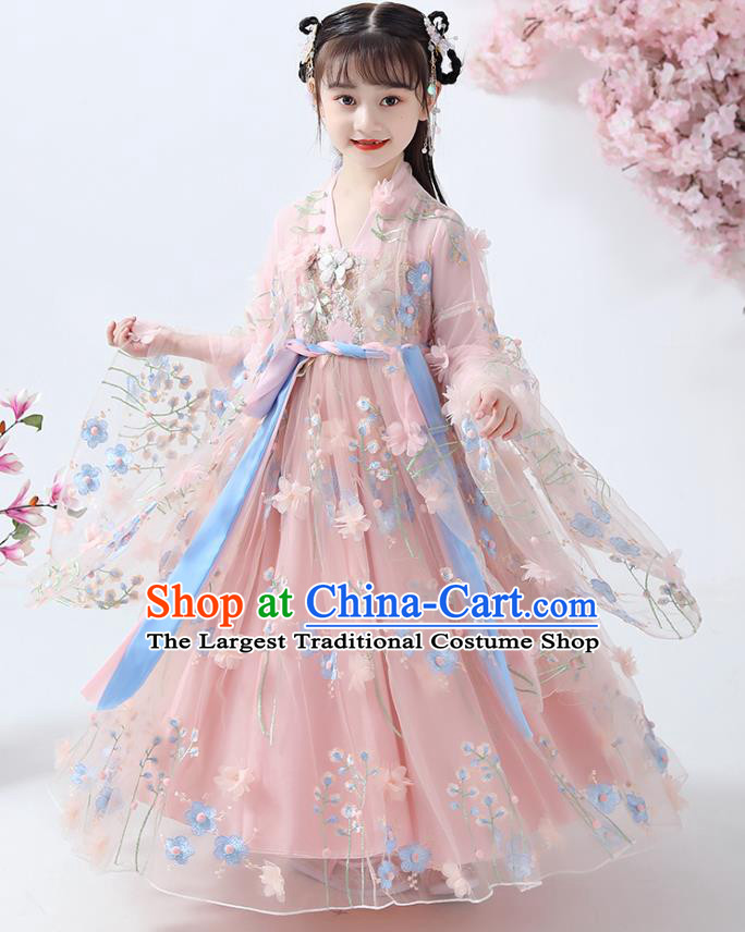 Chinese Traditional Fairy Girl Hanfu Dress Ancient Princess Costumes Stage Show Apparels Flowers Cape Blouse and Pink Skirt for Kids