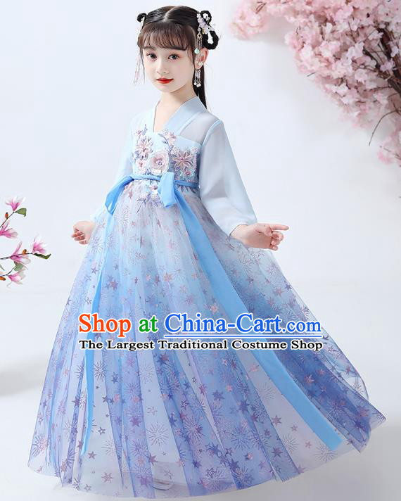 Chinese Traditional Flowers Fairy Hanfu Dress Ancient Princess Costumes Stage Show Apparels Girl Blue Cape Blouse and Skirt for Kids