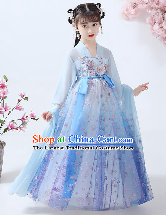 Chinese Traditional Flowers Fairy Hanfu Dress Ancient Princess Costumes Stage Show Apparels Girl Blue Cape Blouse and Skirt for Kids