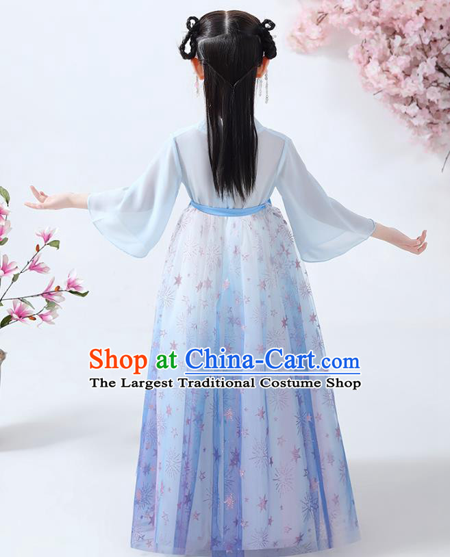 Chinese Traditional Flowers Fairy Hanfu Dress Ancient Princess Costumes Stage Show Apparels Girl Blue Cape Blouse and Skirt for Kids