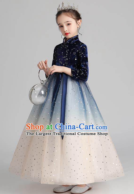 Chinese Traditional Tang Suit Deep Blue Velvet Qipao Dress Apparels Ancient Girl Costumes Stage Show Veil Cheongsam for Kids