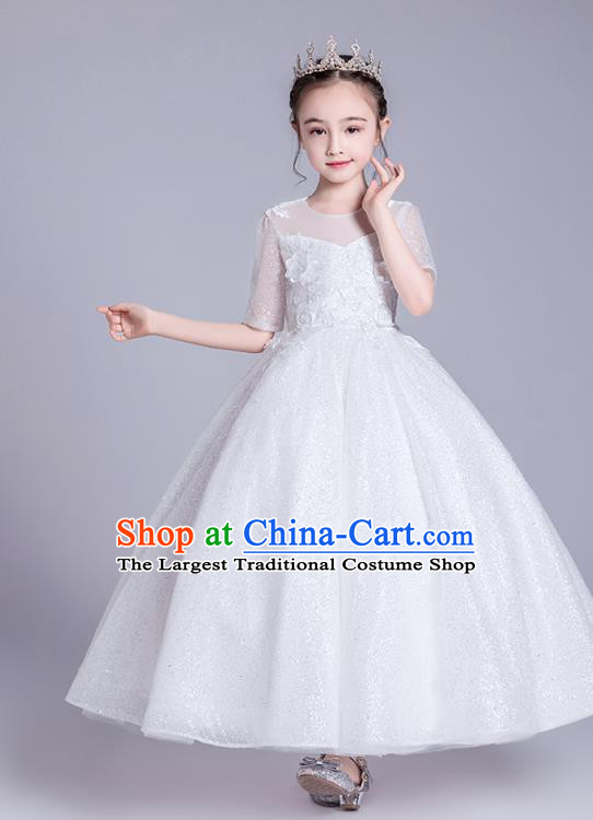 Top Grade Stage Show Princess White Bubble Dress Girls Birthday Costume Children Compere Veil Full Dress