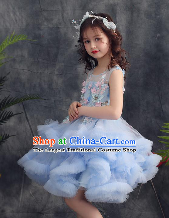 Top Grade Catwalks Flowers Fairy Blue Veil Full Dress Children Birthday Costume Stage Show Girls Compere Short Bubble Dress