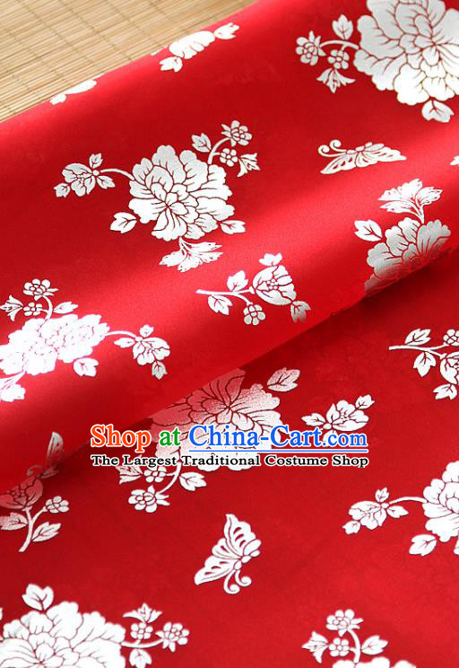 Asian Korea Classical Peony Pattern Red Silk Fabric Korean Traditional Fashion Drapery Hanbok Material