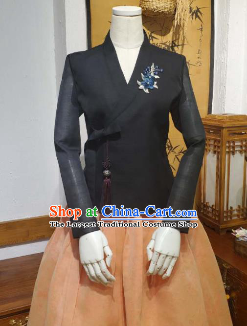 Korean Women Traditional Black Blouse and Orange Dress Asian Korea National Fashion Costumes Hanbok Informal Apparels