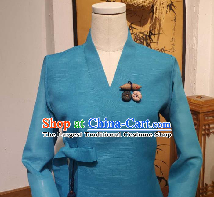 Korean Traditional Blue Blouse and Navy Dress Asian Korea National Fashion Costumes Hanbok Women Informal Apparels
