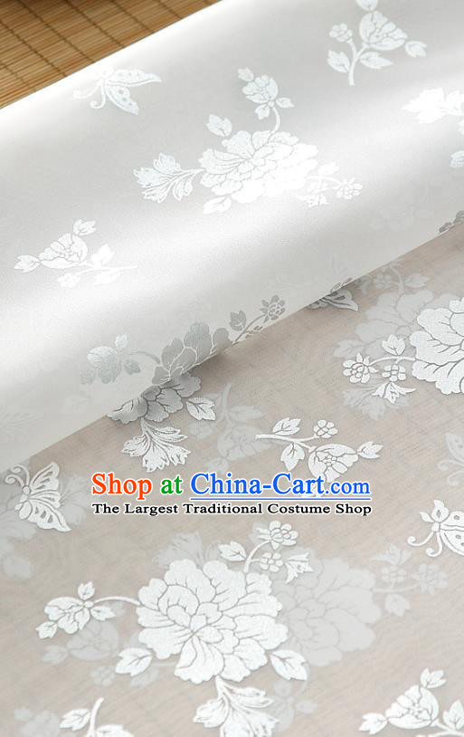 Asian Korea Classical Peony Pattern White Silk Fabric Korean Traditional Fashion Drapery Hanbok Material