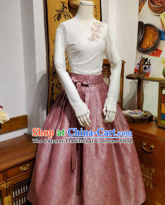 Korean Traditional Dance Blouse and Pink Bust Skirt Asian Korea National Fashion Costumes Women Hanbok Apparels