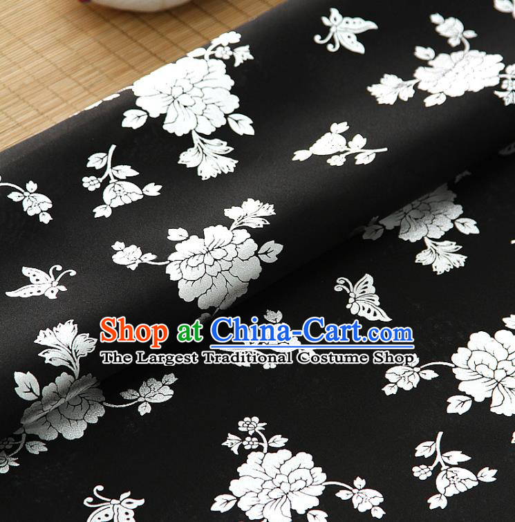 Asian Korea Classical Peony Pattern Black Silk Fabric Korean Traditional Fashion Drapery Hanbok Material