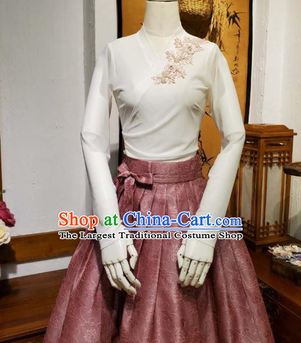 Korean Traditional Dance Blouse and Pink Bust Skirt Asian Korea National Fashion Costumes Women Hanbok Apparels