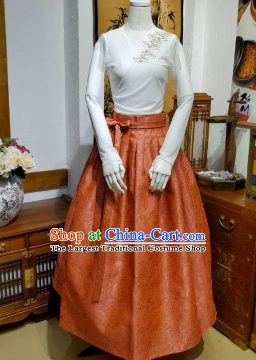 Korean Traditional Dance Blouse and Orange Satin Bust Skirt Asian Korea National Fashion Costumes Women Hanbok Apparels