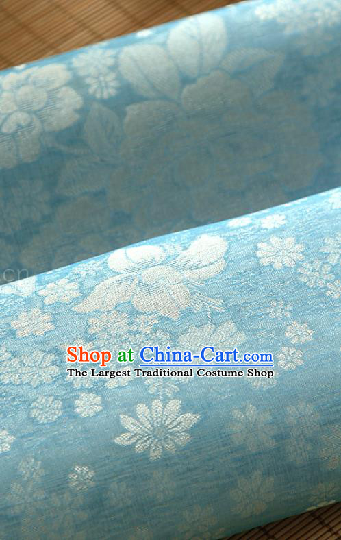 Asian Korea Classical Peony Flowers Pattern Blue Silk Fabric Korean Fashion Drapery Traditional Hanbok Material