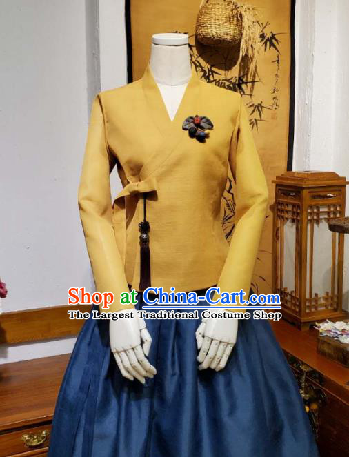 Korean Traditional Female Ginger Blouse and Navy Bust Skirt Asian Korea National Fashion Costumes Women Hanbok Apparels