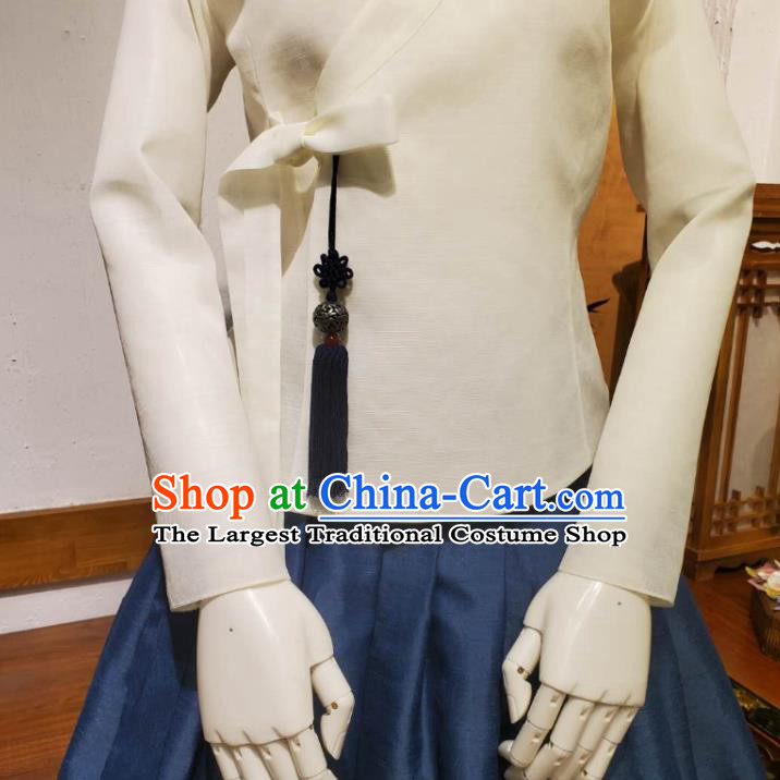 Korean Traditional Female White Blouse and Navy Bust Skirt Asian Korea National Fashion Costumes Women Hanbok Informal Apparels