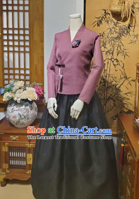 Korean Traditional Female Purple Blouse and Black Bust Skirt Asian Korea National Fashion Costumes Women Hanbok Informal Apparels