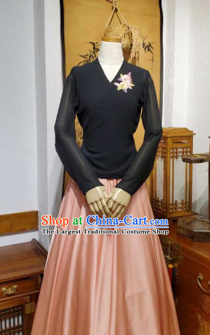 Korean Traditional Dance Training Black Veil Blouse and Pink Satin Skirt Asian Women Hanbok Informal Apparels Korea Fashion Costumes