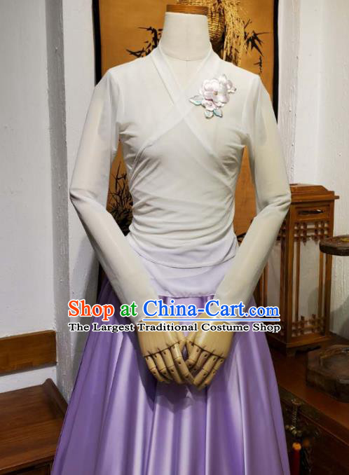 Korean Traditional Dance Training White Veil Blouse and Lilac Satin Skirt Asian Women Hanbok Informal Apparels Korea Fashion Costumes