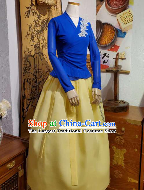 Korean Dance Training Royalblue Veil Blouse and Yellow Skirt Asian Women Hanbok Informal Apparels Korea Fashion Traditional Costumes