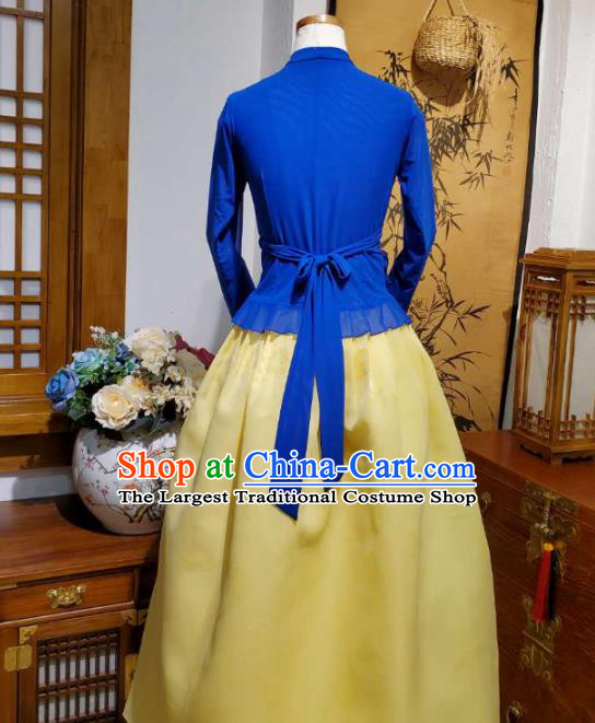 Korean Dance Training Royalblue Veil Blouse and Yellow Skirt Asian Women Hanbok Informal Apparels Korea Fashion Traditional Costumes
