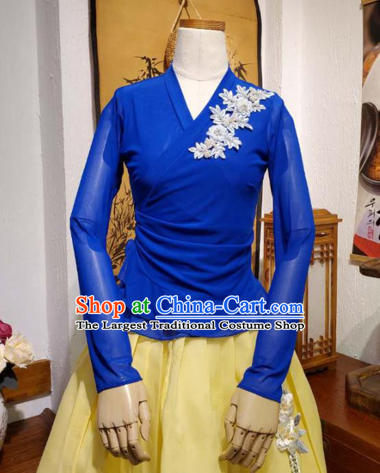 Korean Dance Training Royalblue Veil Blouse and Yellow Skirt Asian Women Hanbok Informal Apparels Korea Fashion Traditional Costumes