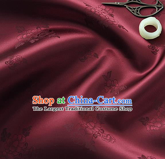 Traditional Korean Classical Roses Pattern Purplish Red Satin Drapery Hanbok Material Asian Korea Fashion Silk Fabric