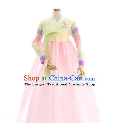 Korean Traditional Wedding Light Yellow Blouse and Pink Dress Korea Fashion Bride Costumes Hanbok Apparels for Women