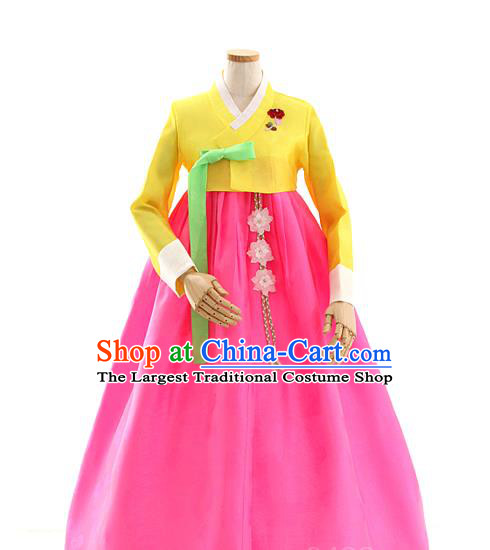 Korean Traditional Wedding Yellow Blouse and Rosy Dress Korea Fashion Bride Costumes Hanbok Apparels for Women