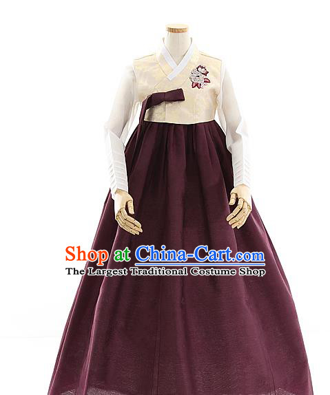 Korean Bride Beige Blouse and Wine Red Dress Korea Fashion Costumes Traditional Wedding Hanbok Festival Apparels for Women