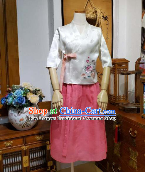 Korean Waitress Apparels Embroidered White Blouse and Pink Skirt Asian Women Work Hanbok Korea Fashion Traditional Costumes