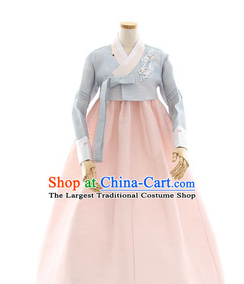 Korean Bride Mother Blue Blouse and Pink Dress Korea Fashion Costumes Traditional Hanbok Festival Apparels for Women