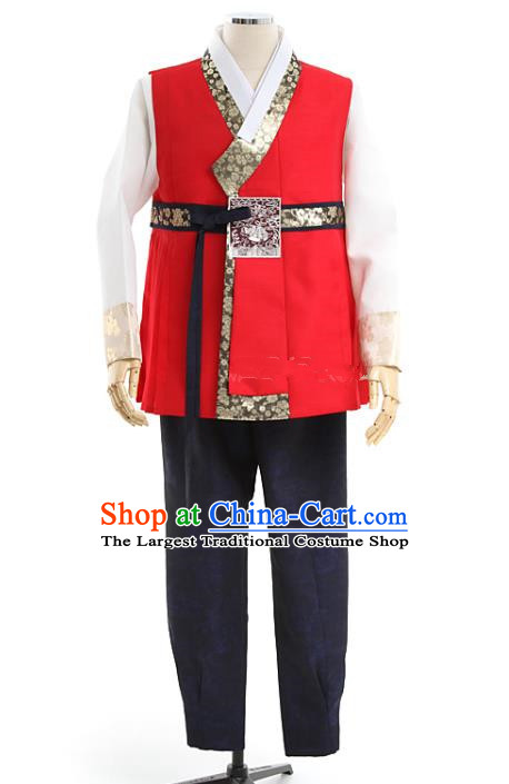 Asian Korea Men Embroidered Red Vest Shirt and Pants Korean Wedding Fashion Traditional Apparels Bridegroom Hanbok Costumes