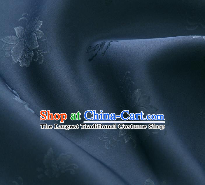 Asian Korea Classical Campsis Grandiflora Pattern Navy Silk Fabric Korean Fashion Drapery Traditional Hanbok Material
