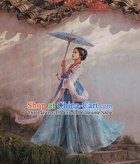 Chinese Ancient Palace Princess Costumes Traditional Tang Dynasty Hanfu Apparels White Blouse and Blue Dress Full Set