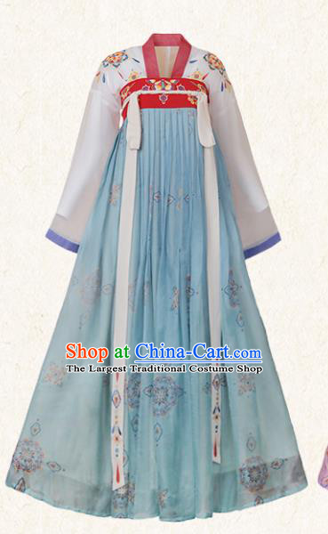 Chinese Ancient Palace Princess Costumes Traditional Tang Dynasty Hanfu Apparels White Blouse and Blue Dress Full Set