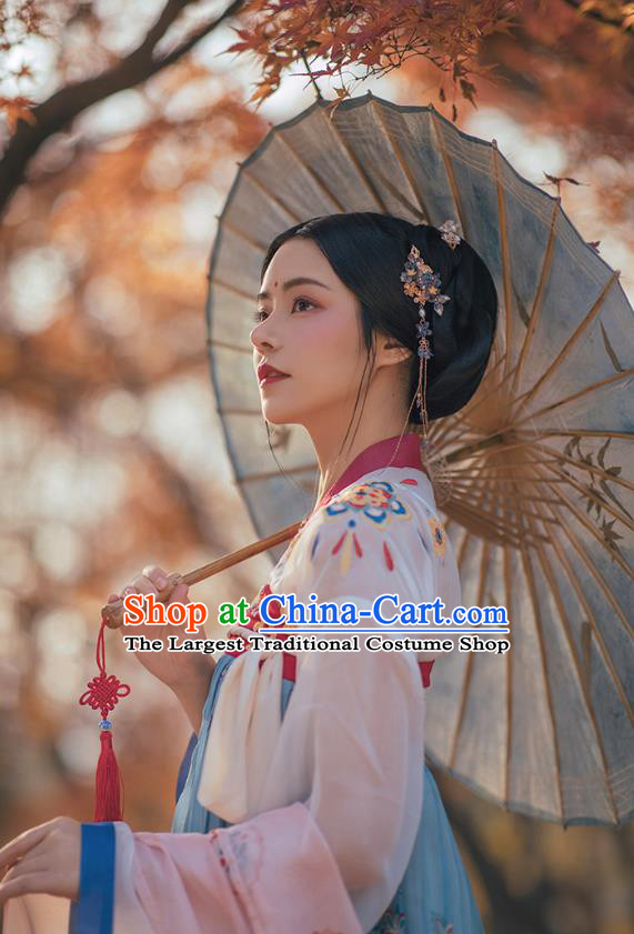 Chinese Ancient Palace Princess Costumes Traditional Tang Dynasty Hanfu Apparels White Blouse and Blue Dress Full Set