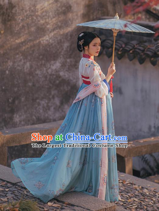 Chinese Ancient Palace Princess Costumes Traditional Tang Dynasty Hanfu Apparels White Blouse and Blue Dress Full Set