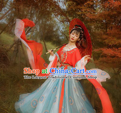 Chinese Ancient Flying Apsaras Fairy Dance Costumes Traditional Tang Dynasty Princess Top Blouse and Skirt Hanfu Apparels