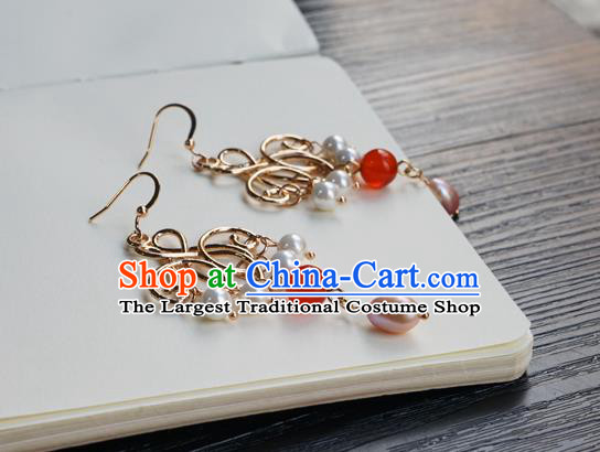 Handmade Chinese Women Hanfu Pearl Ear Accessories Ancient Court Eardrop Classical Golden Earrings